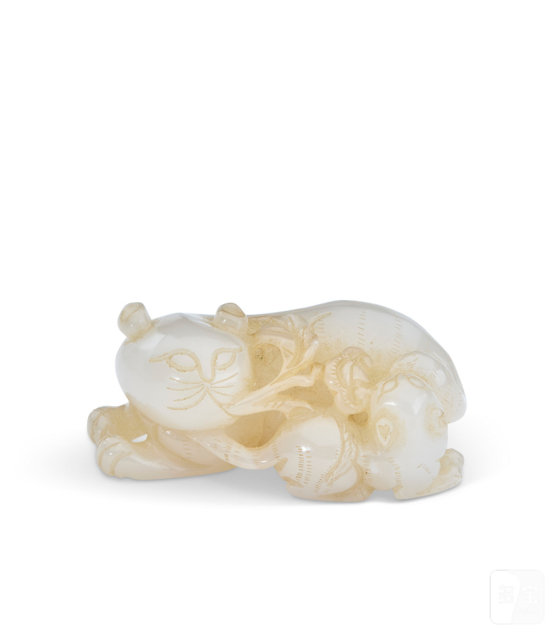 清十九世紀 青玉臥貓把件  CHINA, QING DYNASTY, 19TH CENTURY